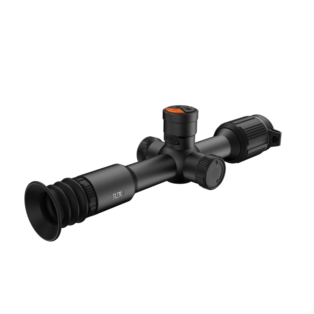 A black thermal scope with adjustment knobs, shown at an angle.