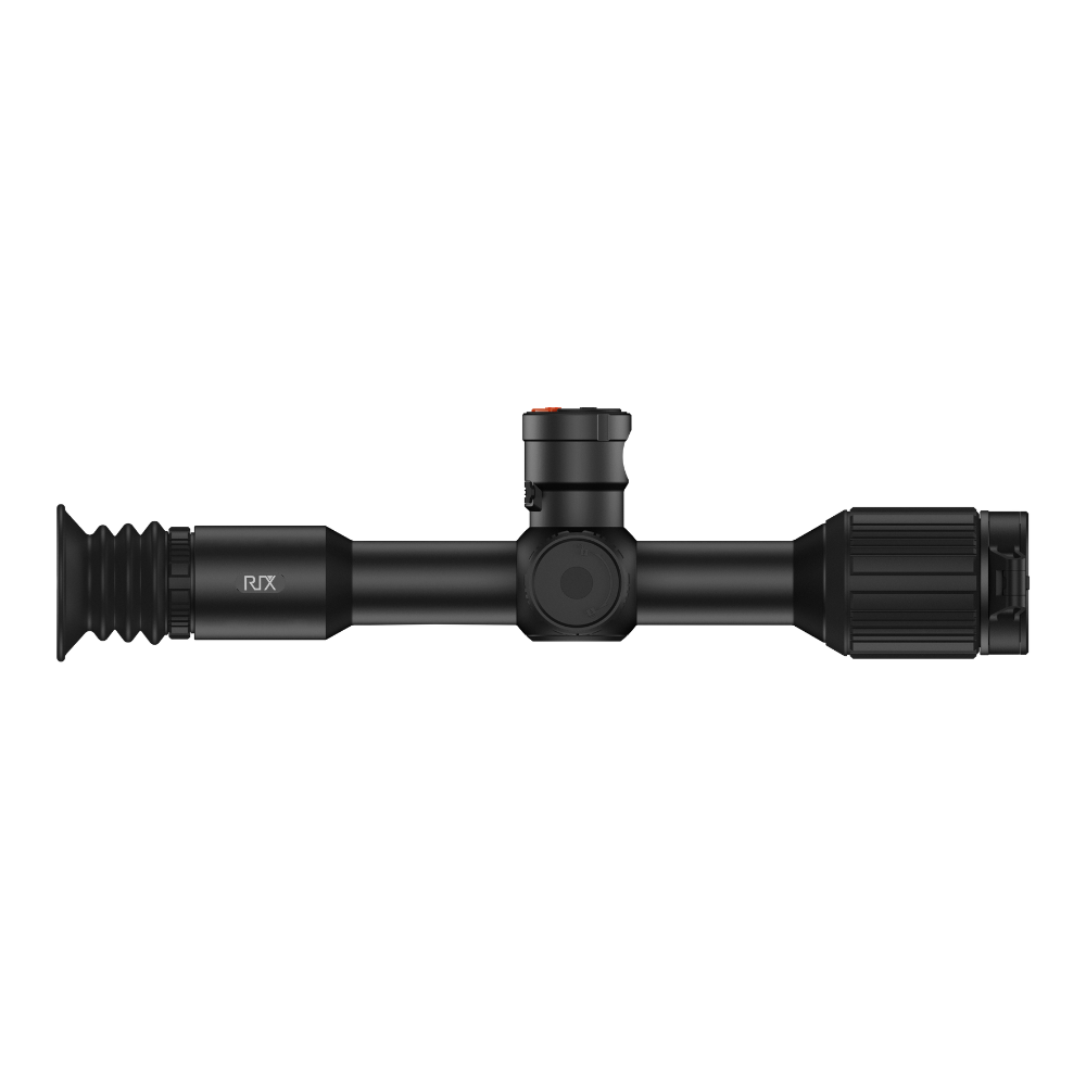 A black thermal scope with adjustment knobs, shown at an angle.