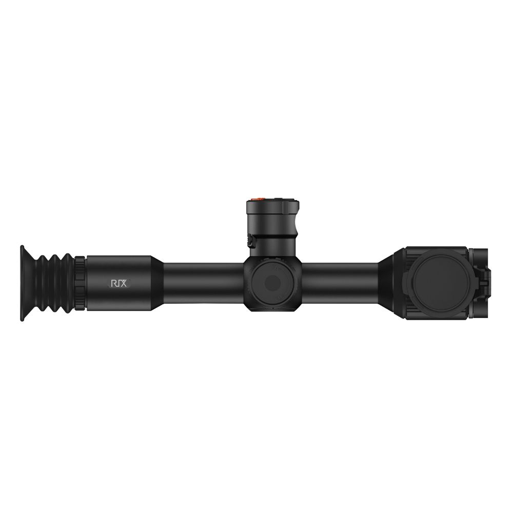 A black thermal scope with adjustment knobs, shown at an angle.