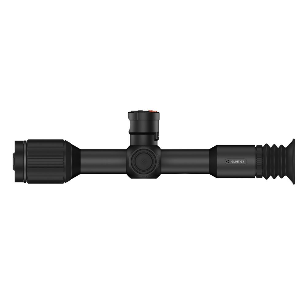 A black thermal scope with adjustment knobs, shown at an angle.
