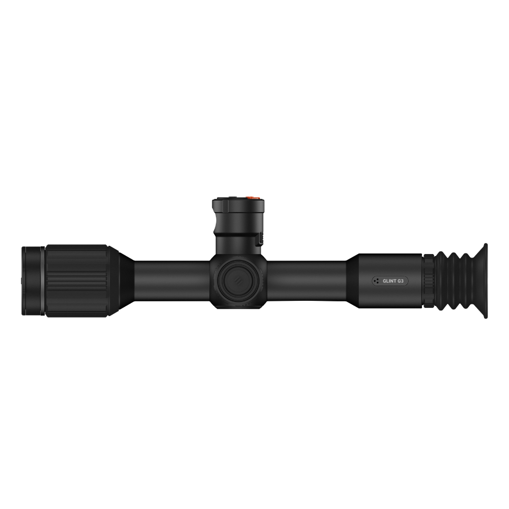 A black thermal scope with adjustment knobs, shown at an angle.