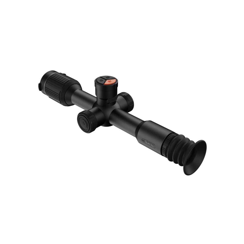 A black thermal scope with adjustment knobs, shown at an angle.