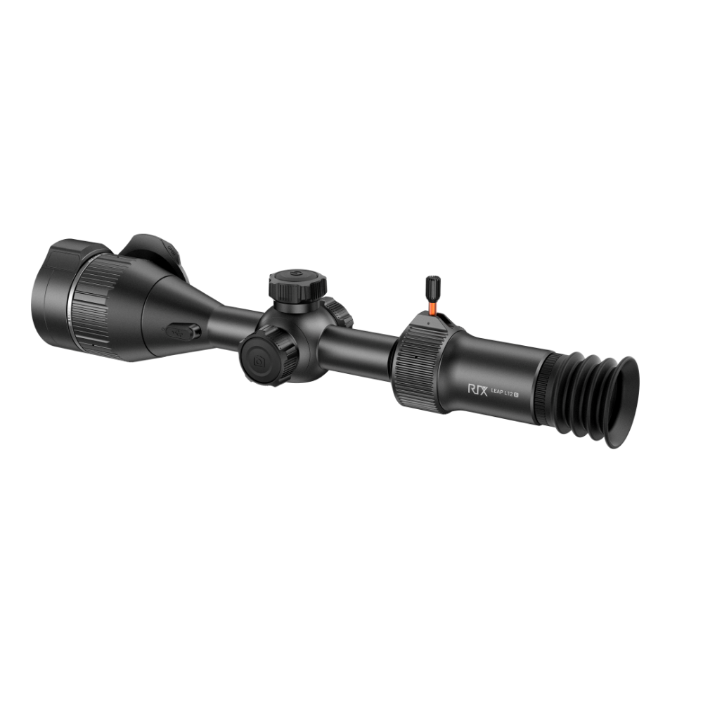 A black rifle scope with a large objective lens, adjustment knobs, and a protective lens hood.