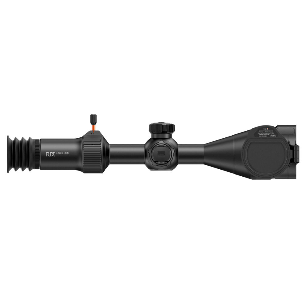 A black Rix Leap L12R rifle scope with a rubberized eyepiece and adjustment knobs, shown horizontally.