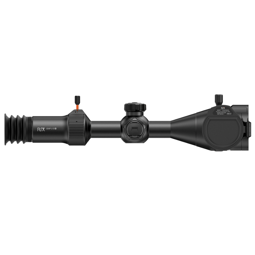 A black rifle scope with a large objective lens, adjustment knobs, and a protective lens hood.