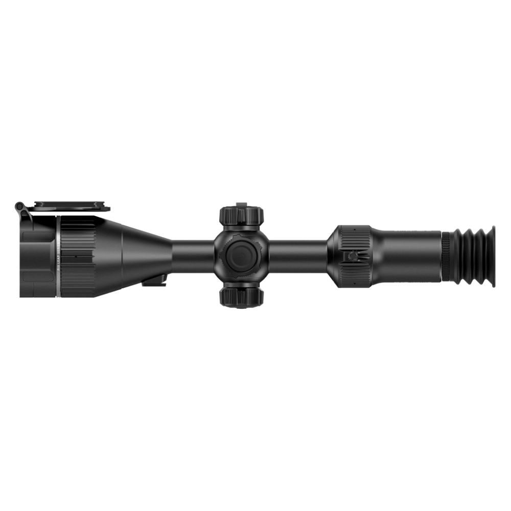 A black rifle scope with a large objective lens, adjustment knobs, and a protective lens hood.