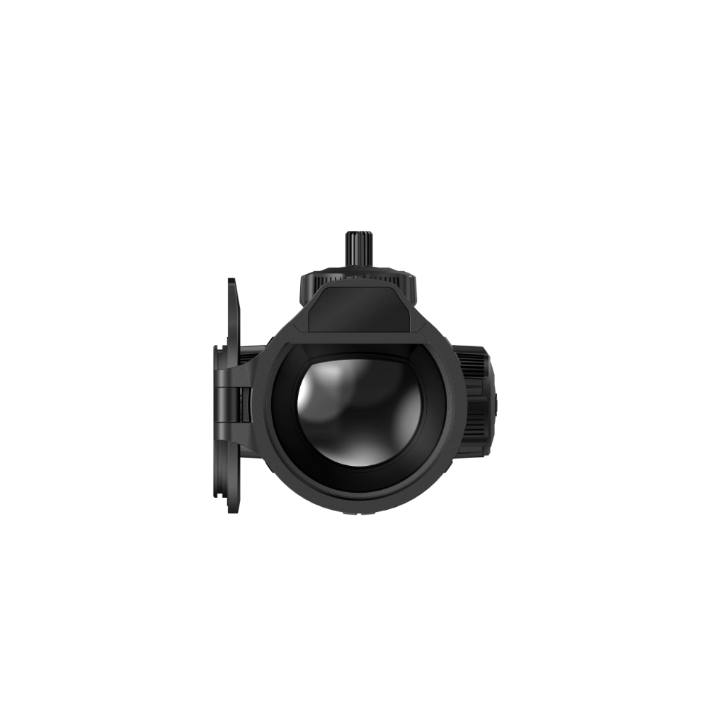 A black rifle scope with a large objective lens, adjustment knobs, and a protective lens hood.