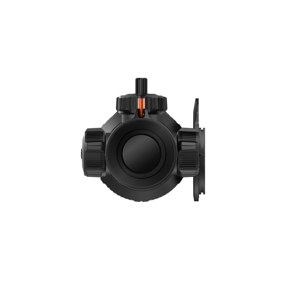 A black rifle scope with a large objective lens, adjustment knobs, and a protective lens hood.