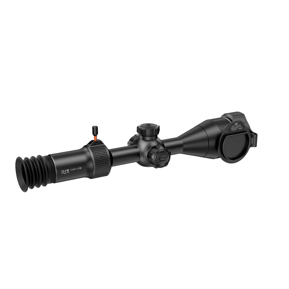 A black rifle scope with a large objective lens, adjustment knobs, and a protective lens hood.