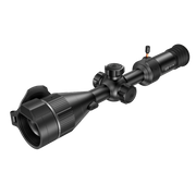 A black rifle scope with a large objective lens, adjustment knobs, and a protective lens hood.