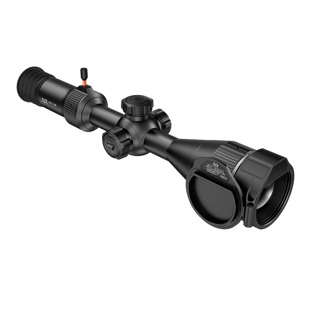 A black rifle scope with a large objective lens, adjustment knobs, and a protective lens hood.