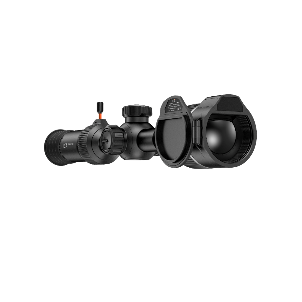 A black rifle scope with a large objective lens, adjustment knobs, and a protective lens hood.