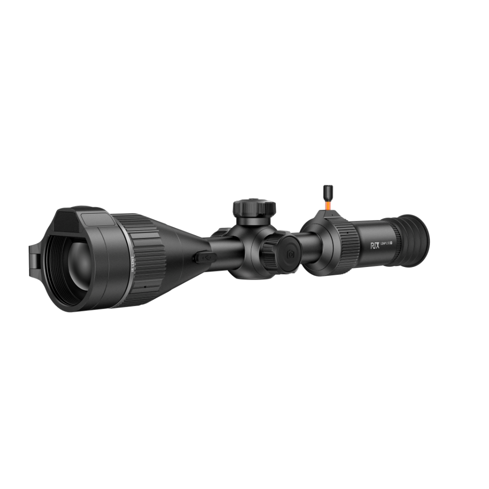 A black rifle scope with a large objective lens, adjustment knobs, and a protective lens hood.