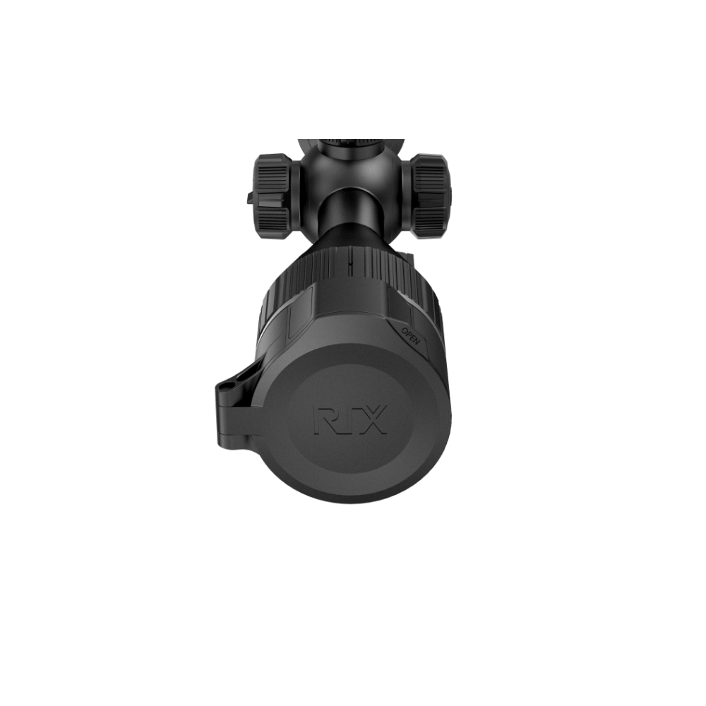 A black rifle scope with a large objective lens, adjustment knobs, and a protective lens hood.