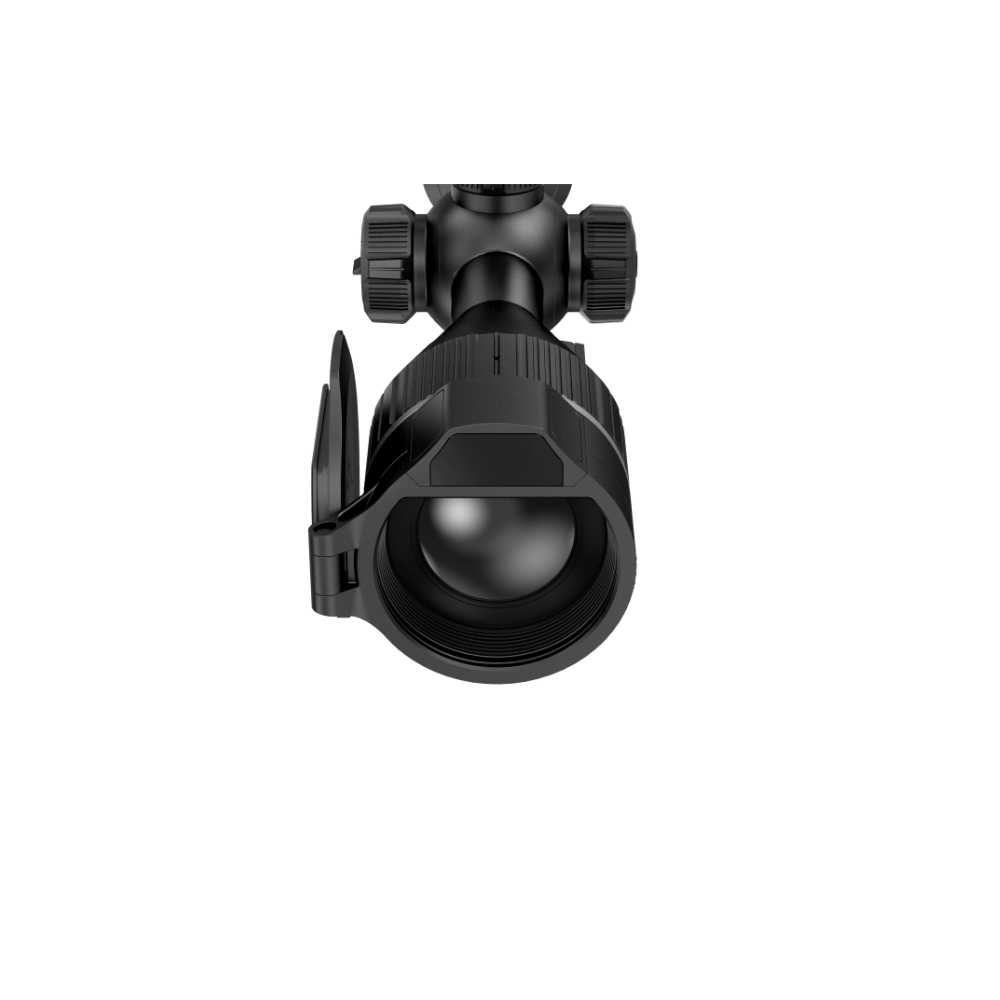 A black rifle scope with a large objective lens, adjustment knobs, and a protective lens hood.