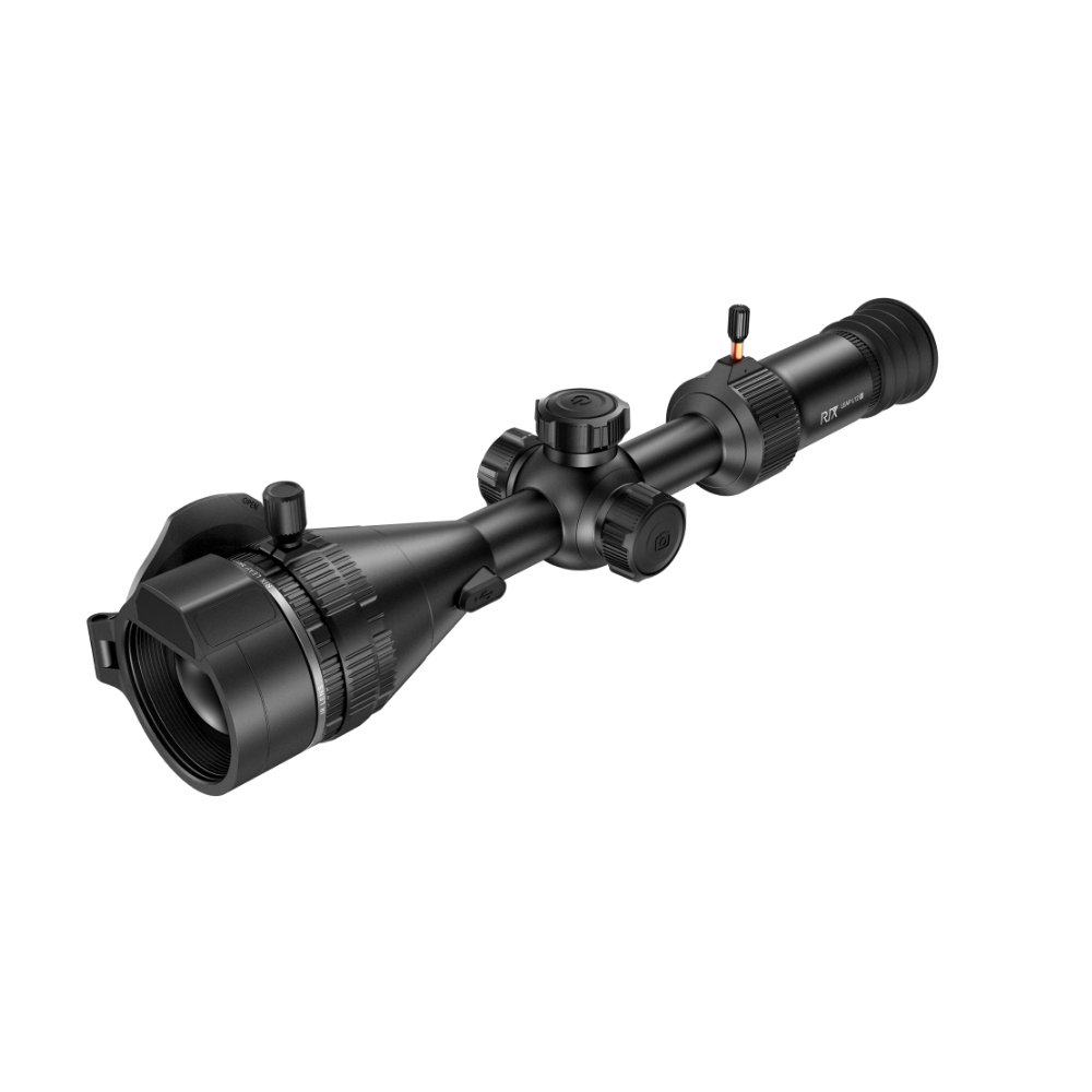 A black rifle scope with a large objective lens, adjustment knobs, and a protective lens hood.