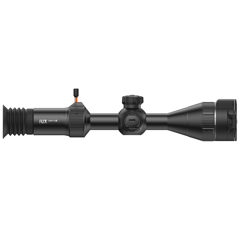 A black Leap L3R scope with a rubber bellows eyepiece and adjustment knobs, shown horizontally.