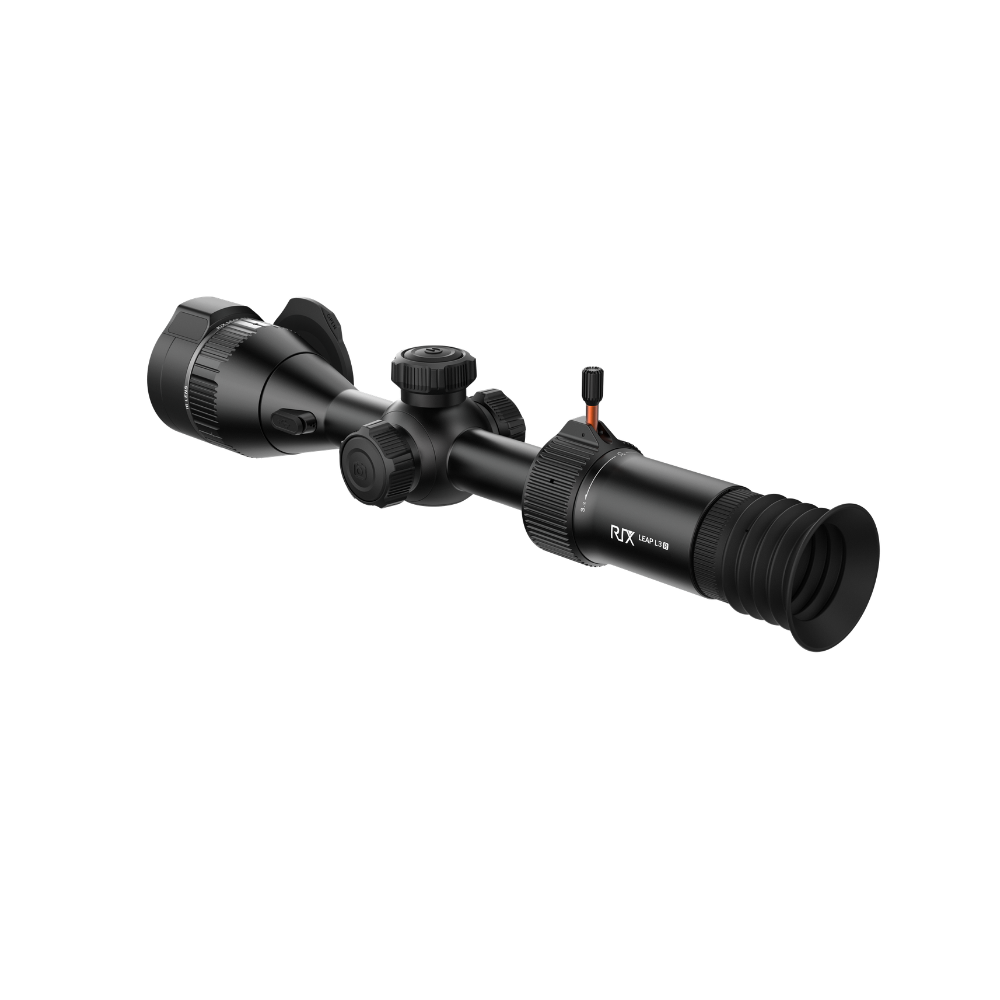 A black Rix Leap L3R scope with adjustment knobs and a red safety switch, shown.