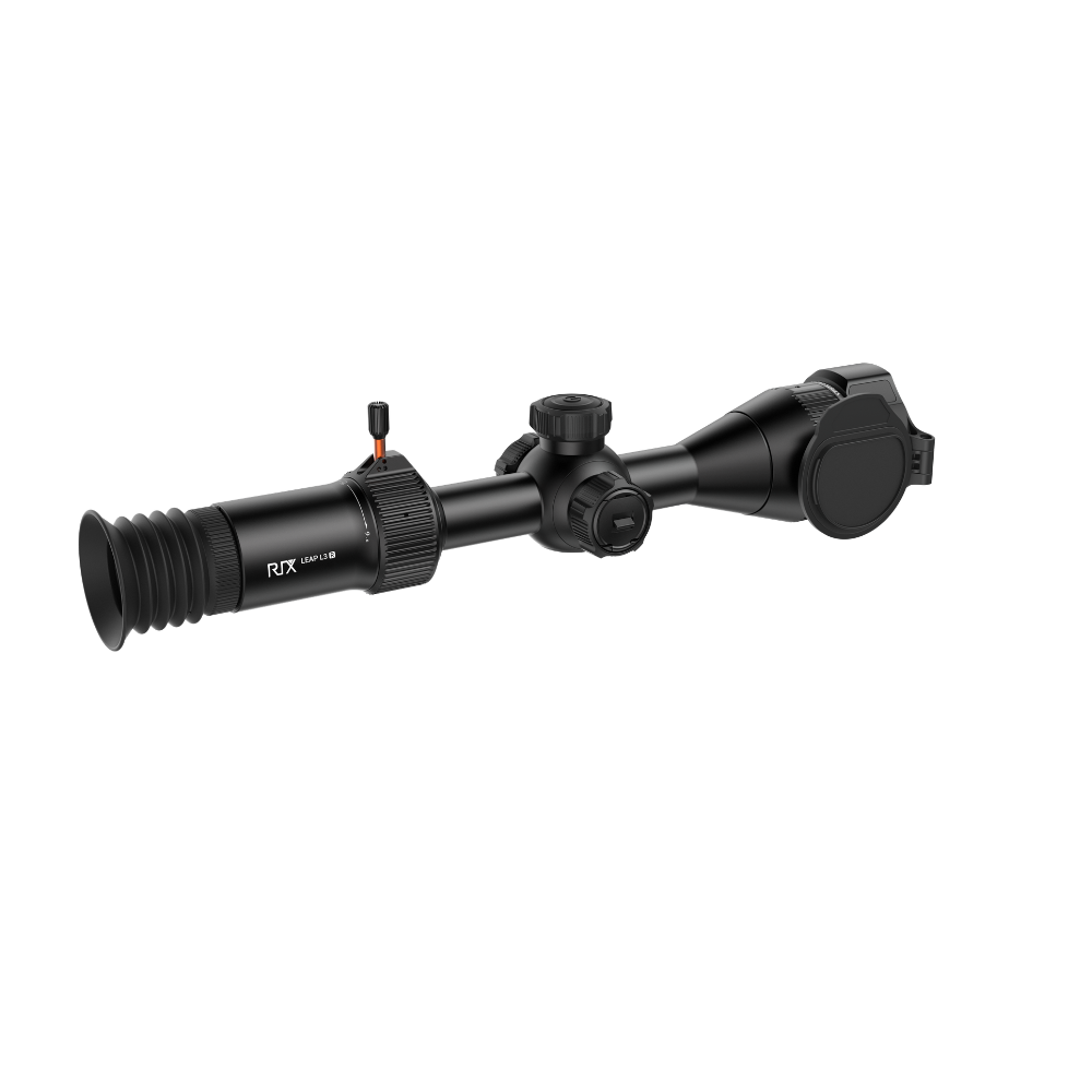 A black Rix Leap L3R scope with adjustment knobs and a red safety switch, shown.
