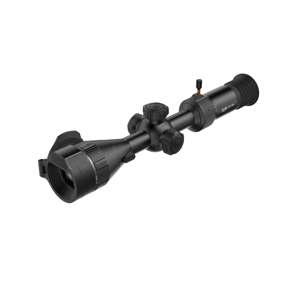 A black thermal scope with adjustment knobs and a small red switch, shown at an angle.