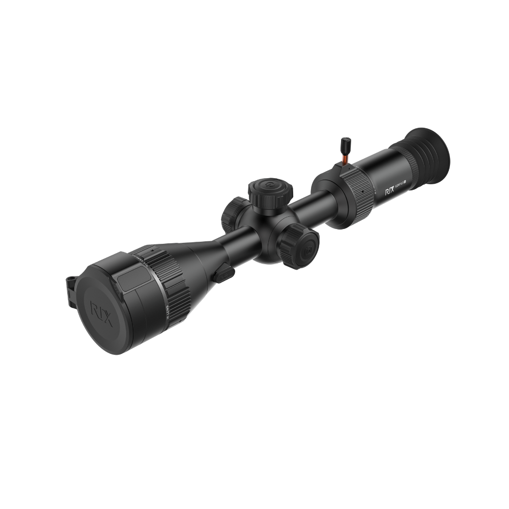 A black Rix Leap L3R scope with adjustment knobs and a red safety switch, shown.