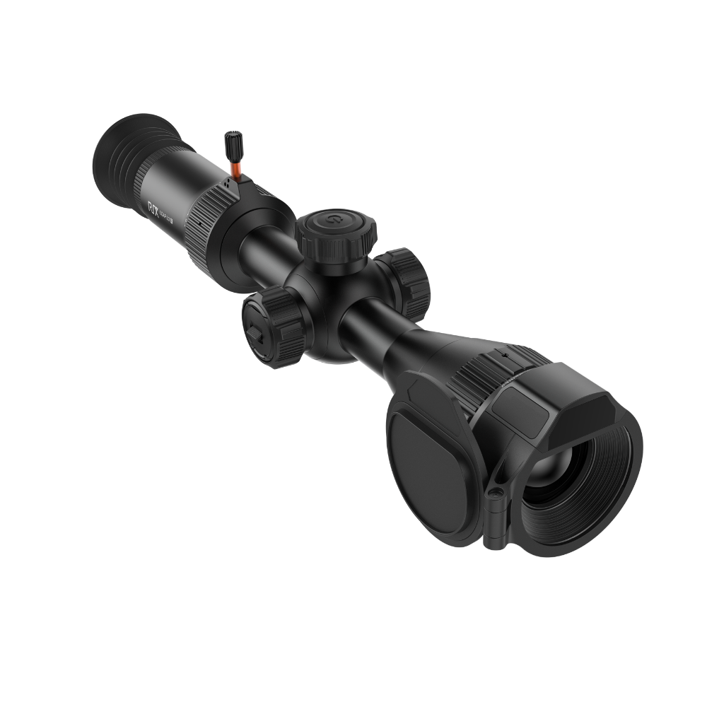 A black Rix Leap L3R scope with adjustment knobs and a red safety switch, shown.
