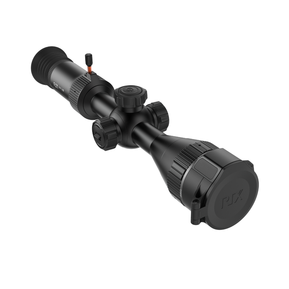 A black Rix Leap L3R scope with adjustment knobs and a red safety switch, shown.