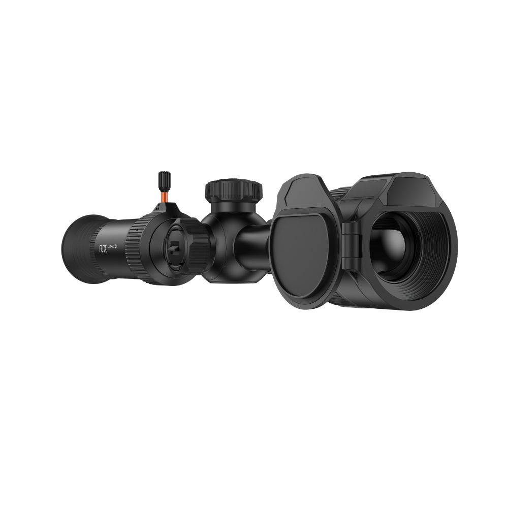 A black Rix Leap L3R scope with adjustment knobs and a red safety switch, shown.