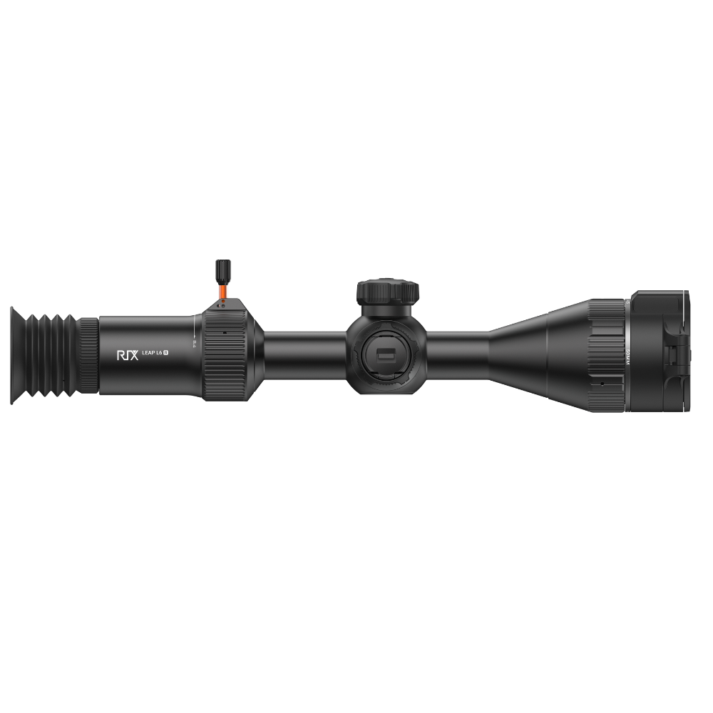 A black thermal scope with adjustment knobs and a small red switch, shown at an angle.