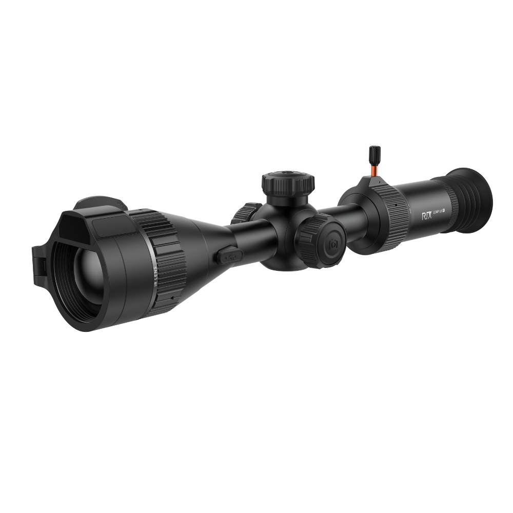 A black thermal scope with adjustment knobs and a small red switch, shown at an angle.