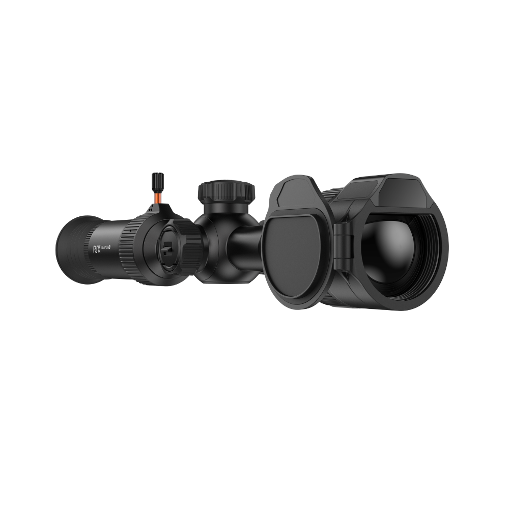 A black thermal scope with adjustment knobs and a small red switch, shown at an angle.