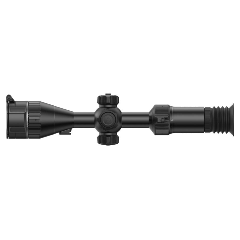 A black thermal scope with adjustment knobs and a small red switch, shown as a side profile.