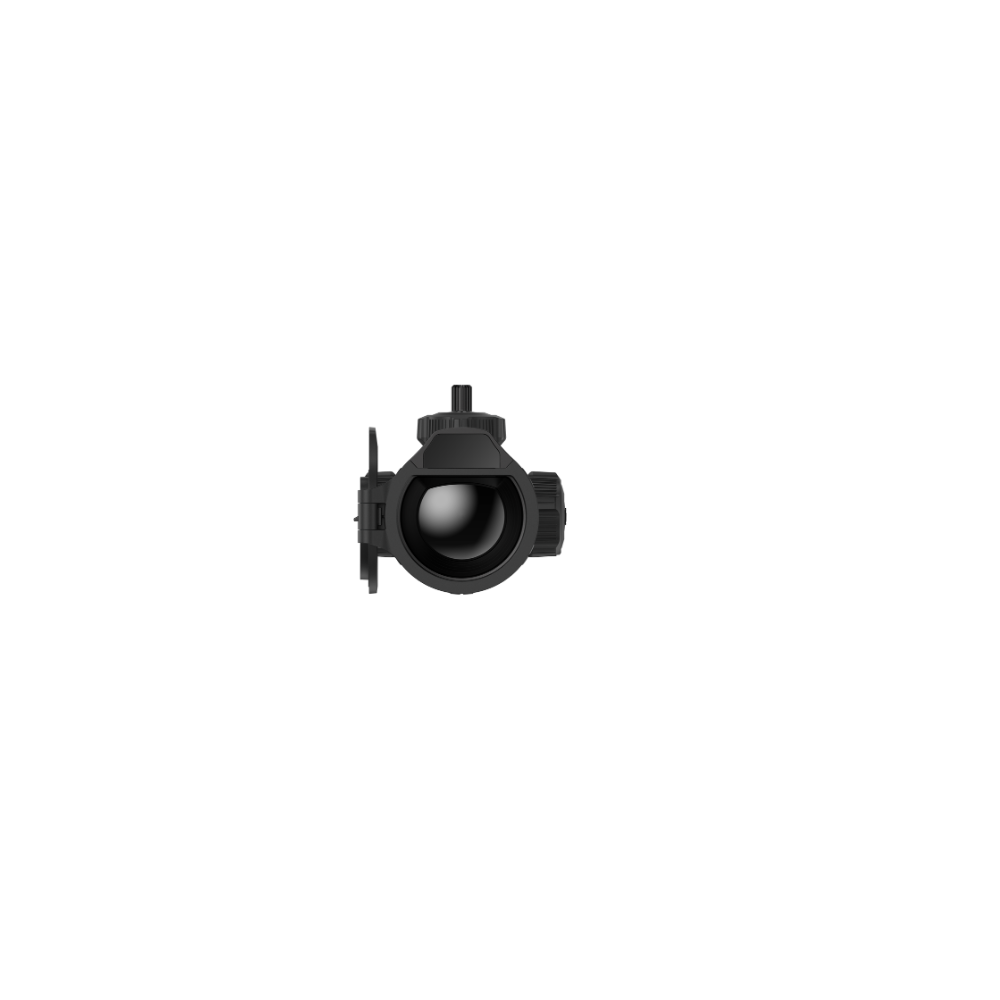 A black thermal scope with adjustment knobs and a small red switch, shown from the front.