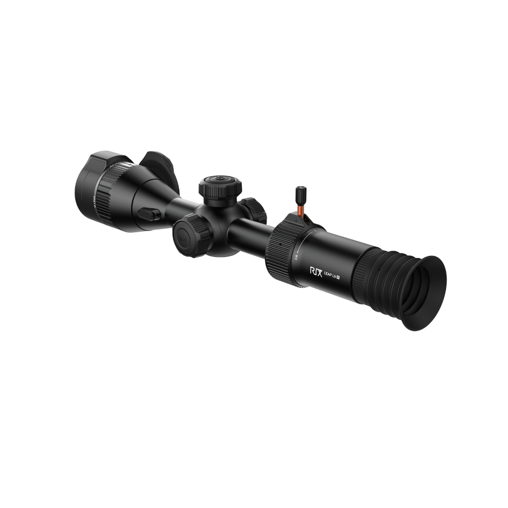 A black thermal scope with adjustment knobs and a small red switch, shown at an angle.