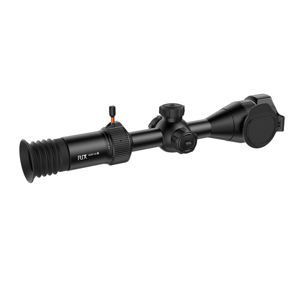 A black thermal scope with adjustment knobs and a small red switch, shown at an angle.