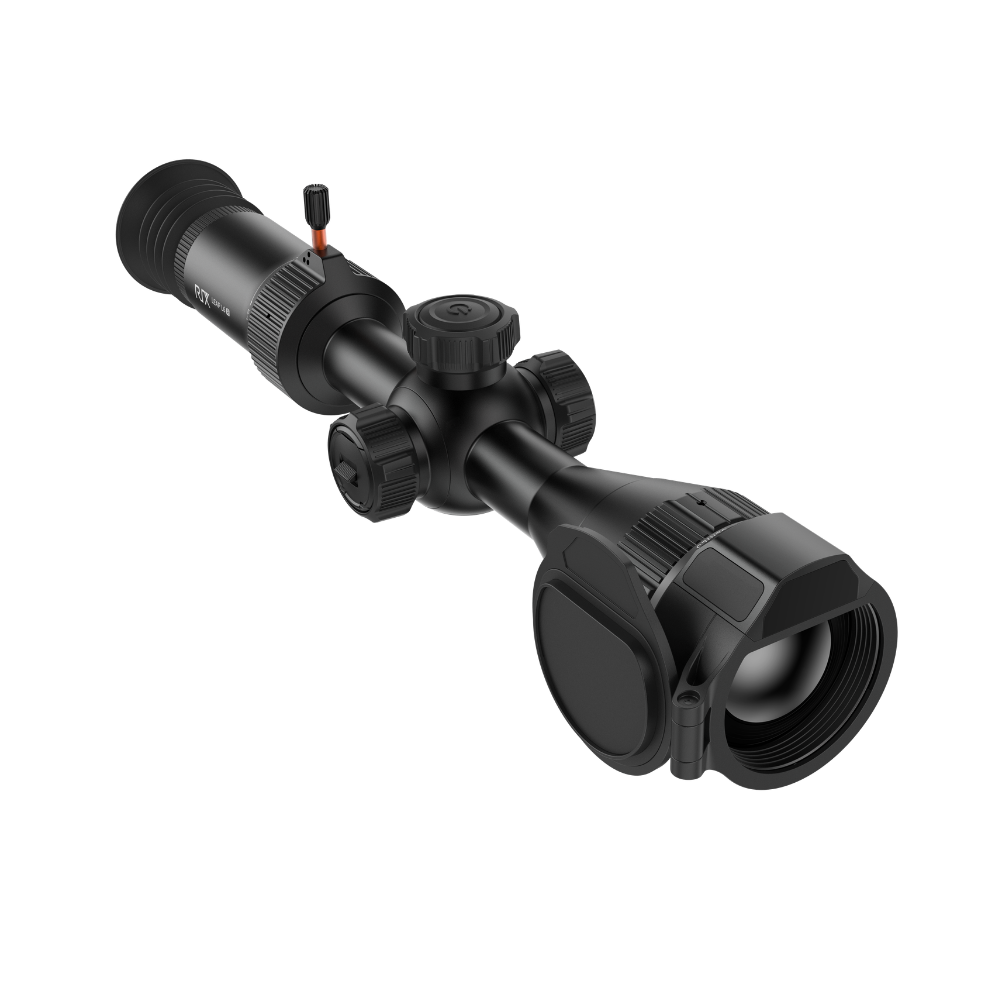 A black thermal scope with adjustment knobs and a small red switch, shown at an angle.