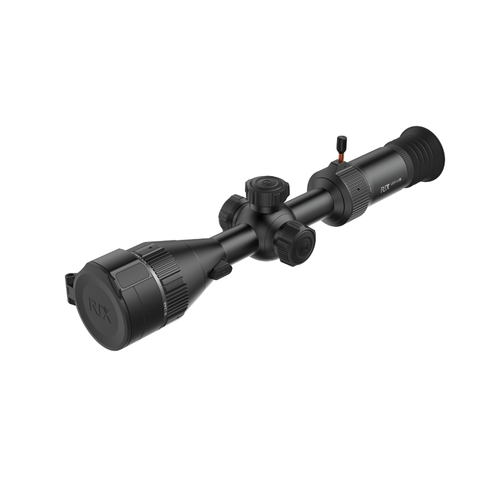 A black thermal scope with adjustment knobs and a small red switch, shown at an angle.