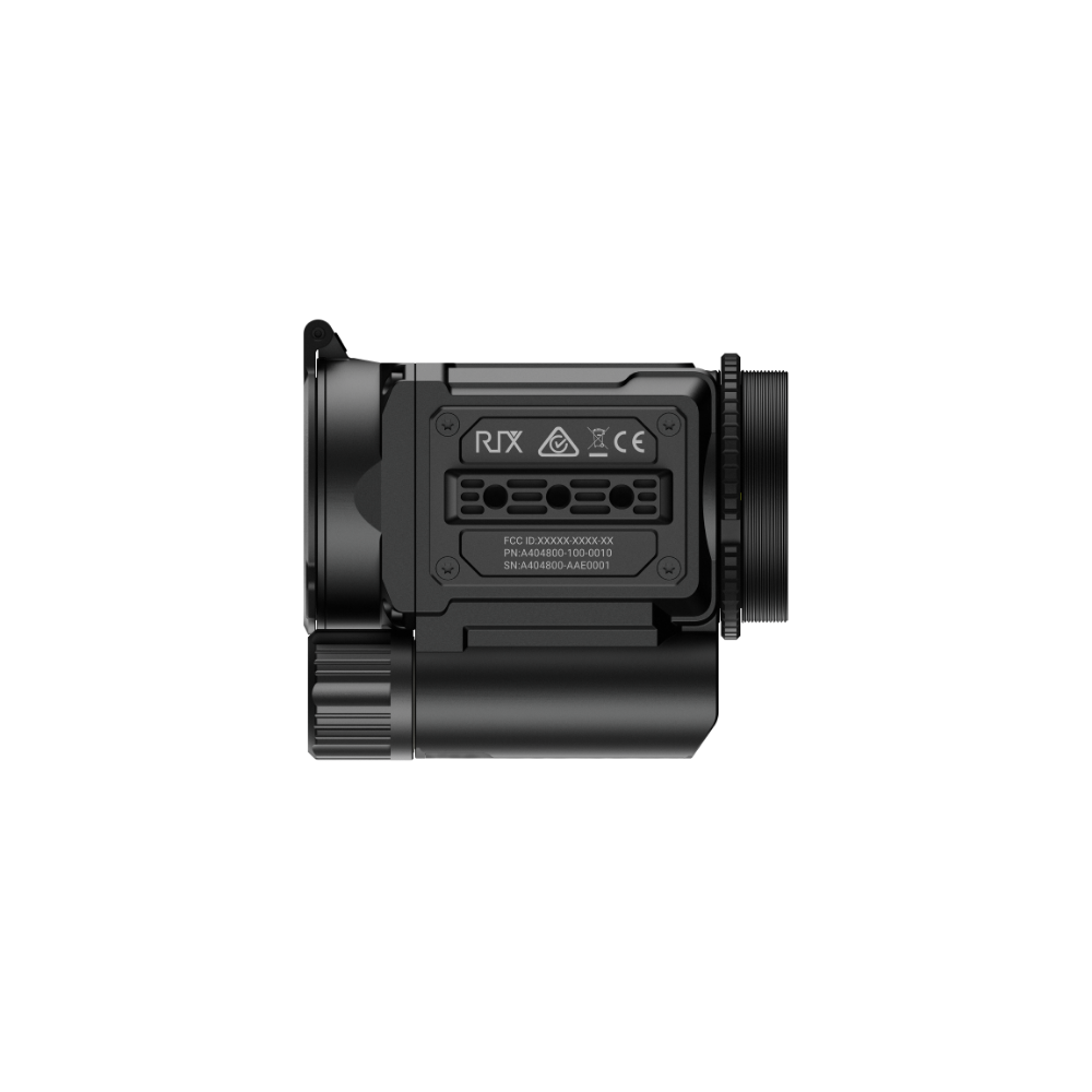 A black Rix thermal imaging scope with a textured eyepiece and control buttons, shown at bottom profile.