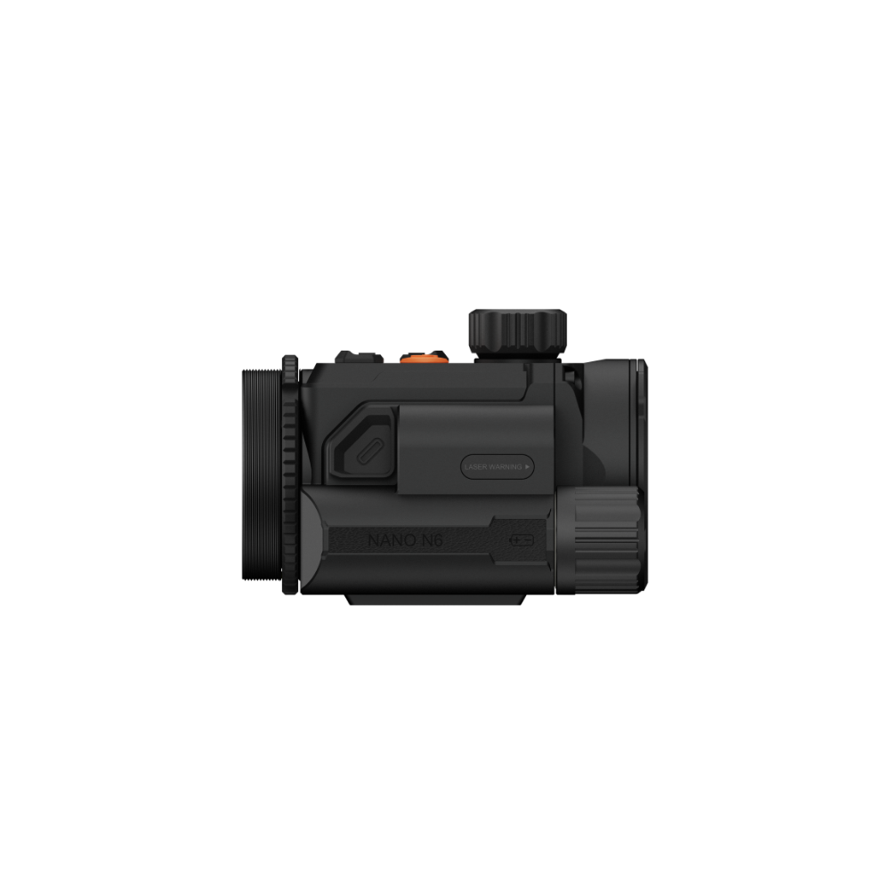A black Rix thermal imaging scope with a textured eyepiece and control buttons, shown at side angle.