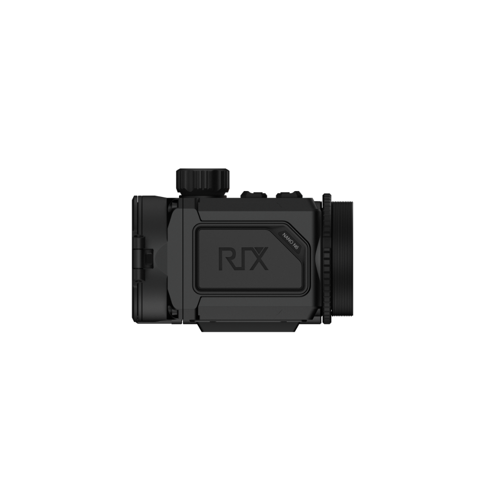 A black Rix thermal imaging scope with a textured eyepiece and control buttons, shown at side angle.