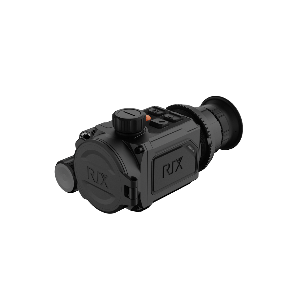 A black Rix thermal imaging scope with a textured eyepiece and control buttons, shown at an angle.