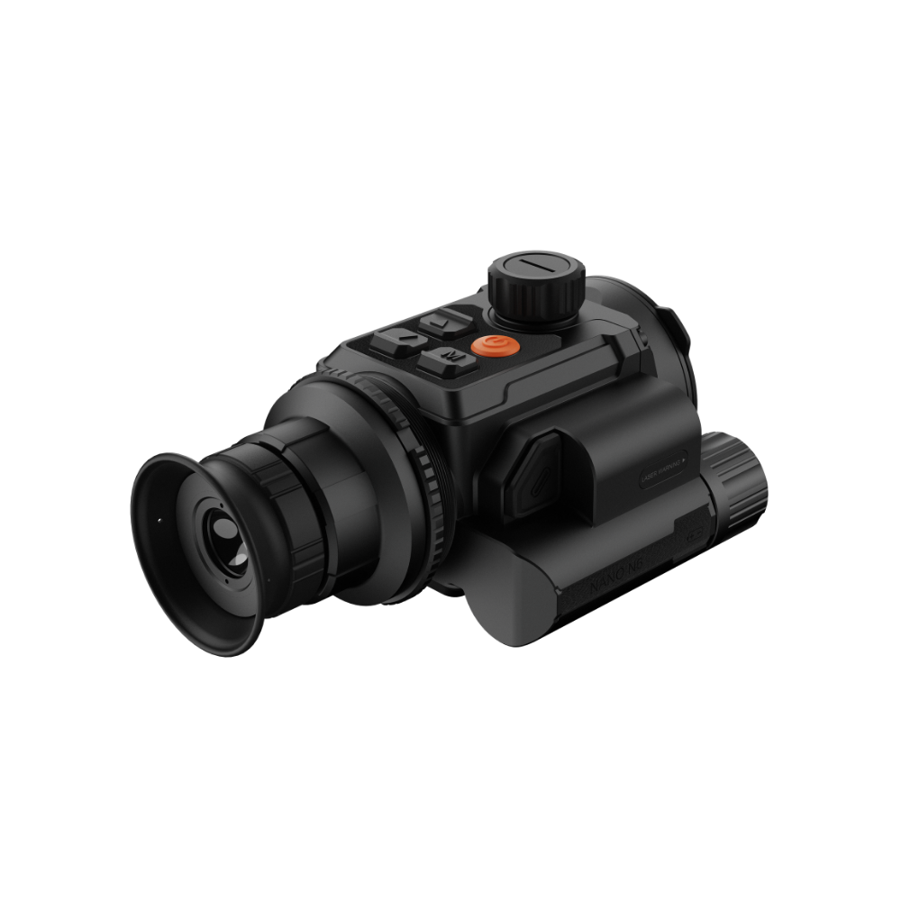 A black Rix thermal imaging scope with a textured eyepiece and control buttons, shown at an angle.