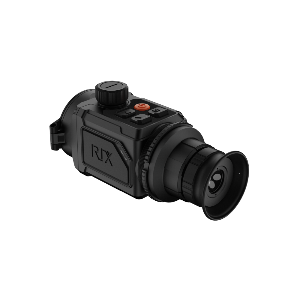 A black Rix thermal imaging scope with a textured eyepiece and control buttons, shown at an angle.
