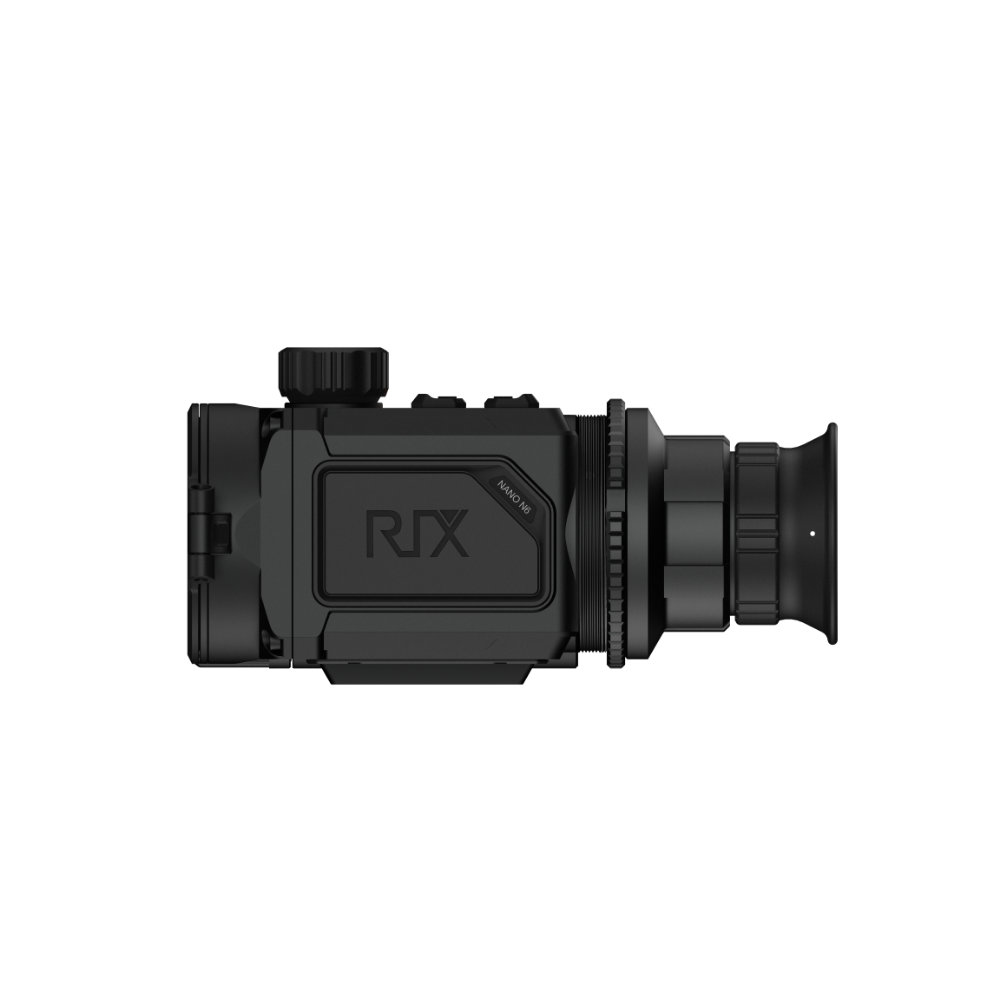 A black Rix thermal imaging scope with a textured eyepiece and control buttons, shown a side angle.