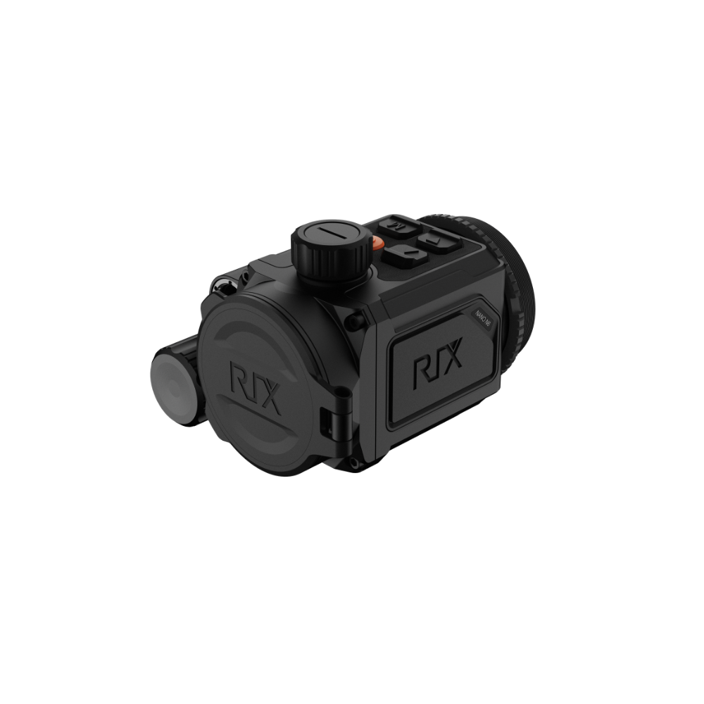 A black Rix thermal imaging scope with a textured eyepiece and control buttons, shown at an angle.