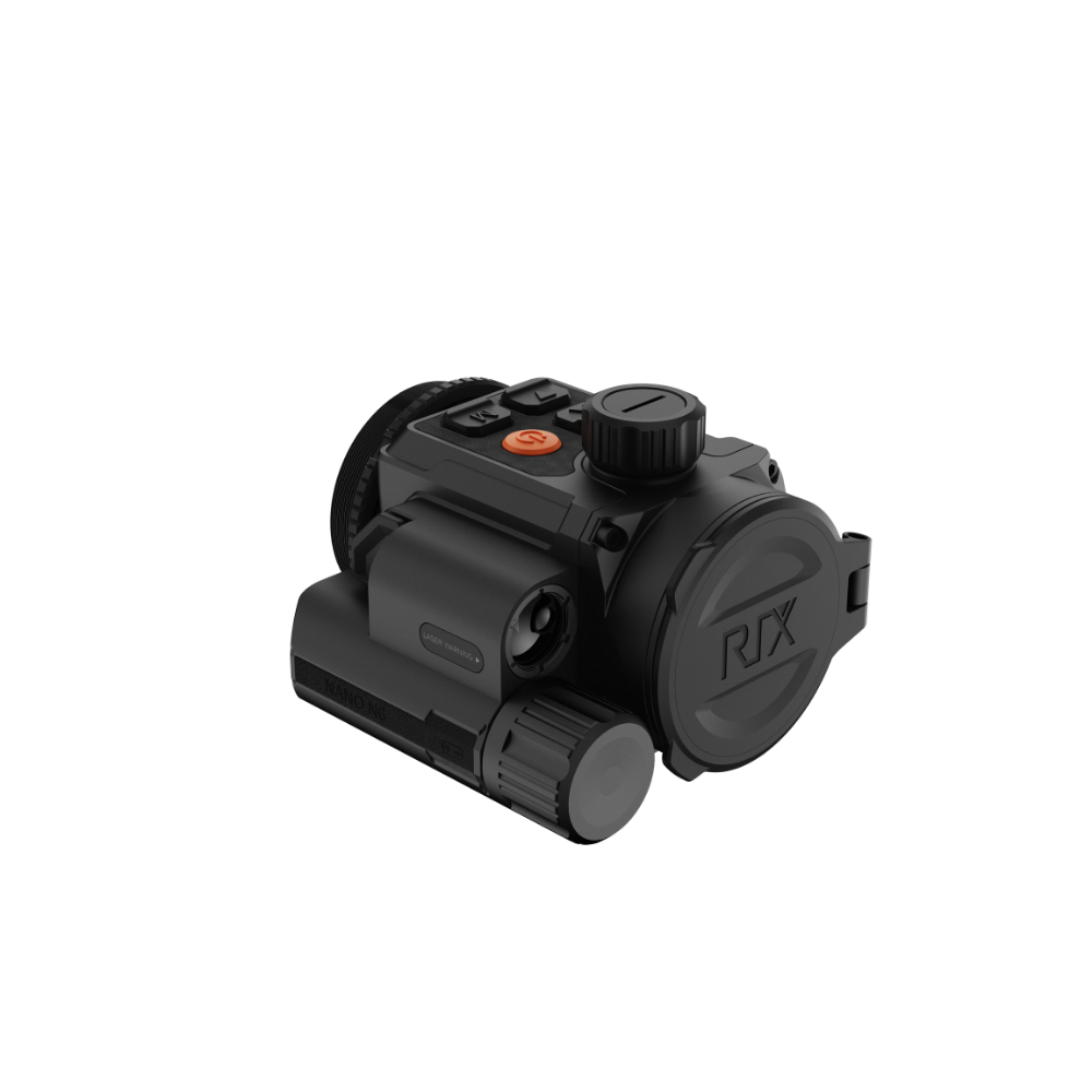 A black Rix thermal imaging scope with a textured eyepiece and control buttons, shown at an angle.