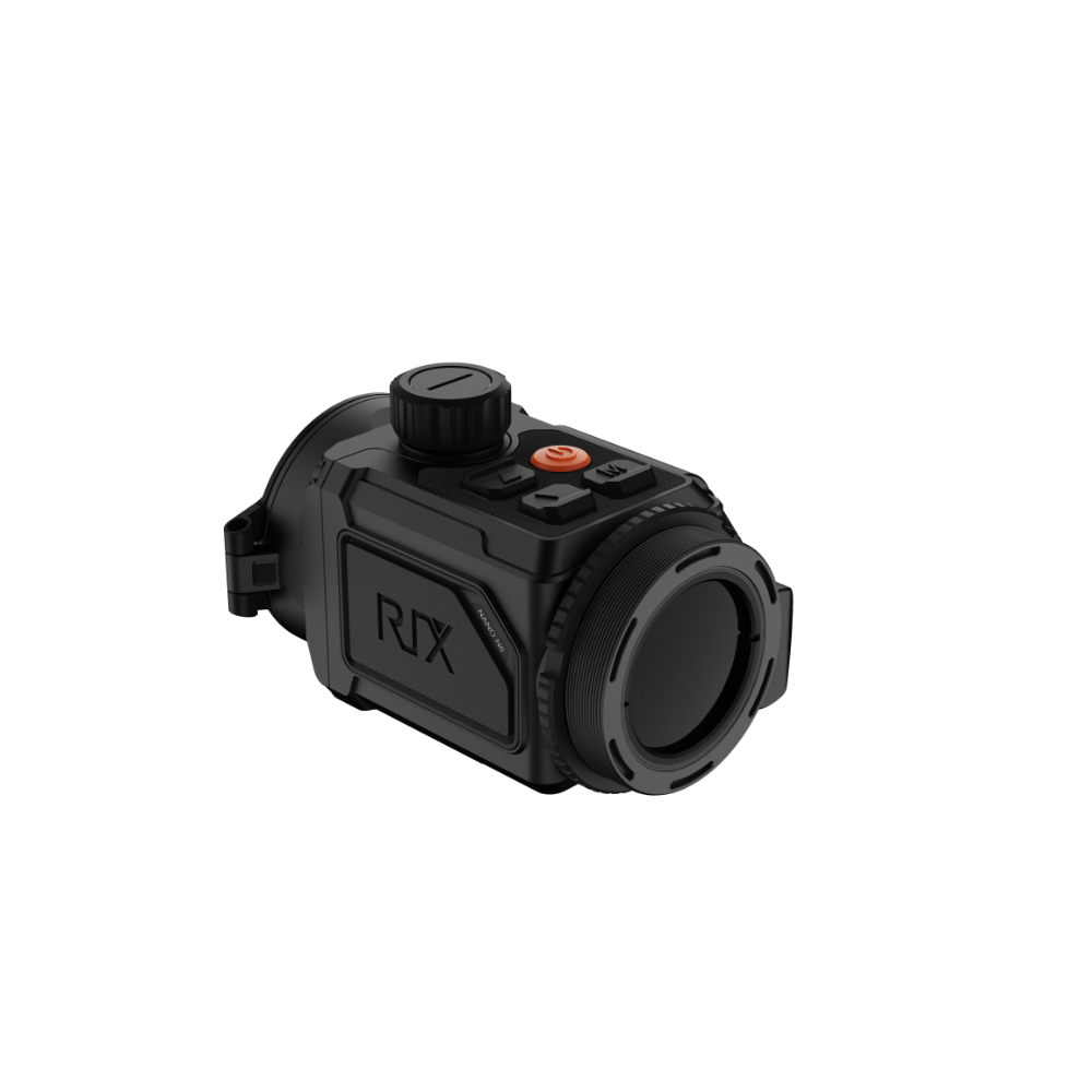 A black Rix thermal imaging scope with a textured eyepiece and control buttons, shown at an angle.