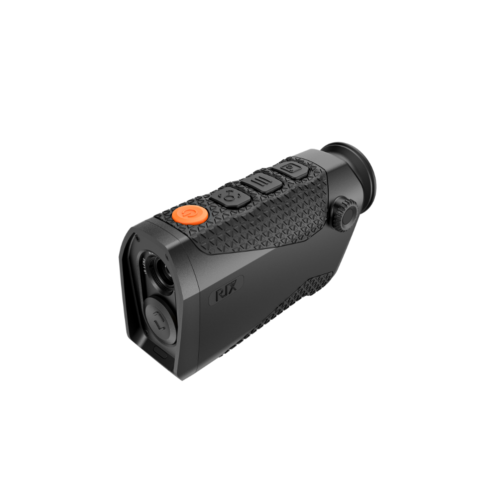 A black Rix thermal imaging scope with a textured eyepiece and control buttons, shown at an angle.