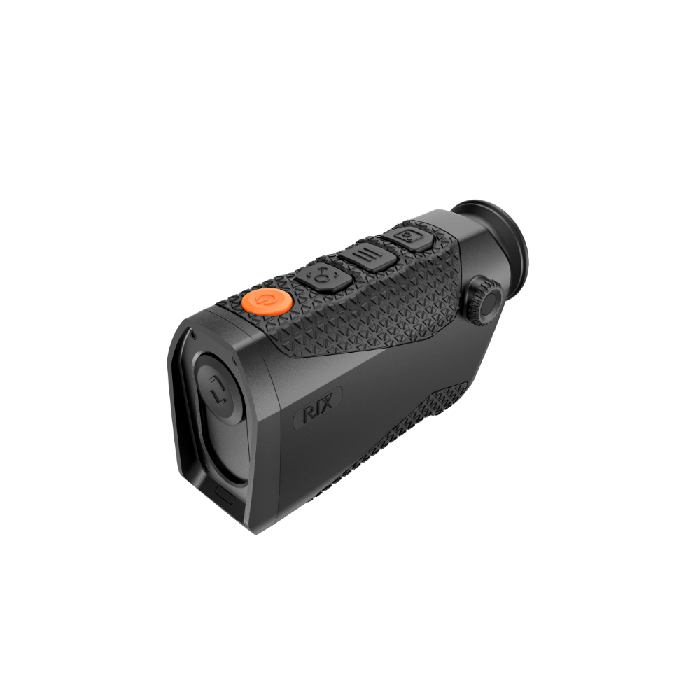 A black Rix thermal imaging scope with a textured eyepiece and control buttons, shown at an angle.