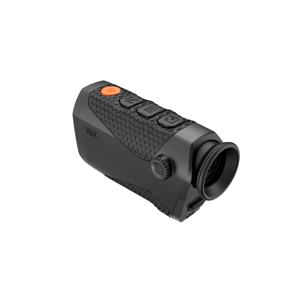 A black Rix thermal imaging scope with a textured eyepiece and control buttons, shown at an angle.